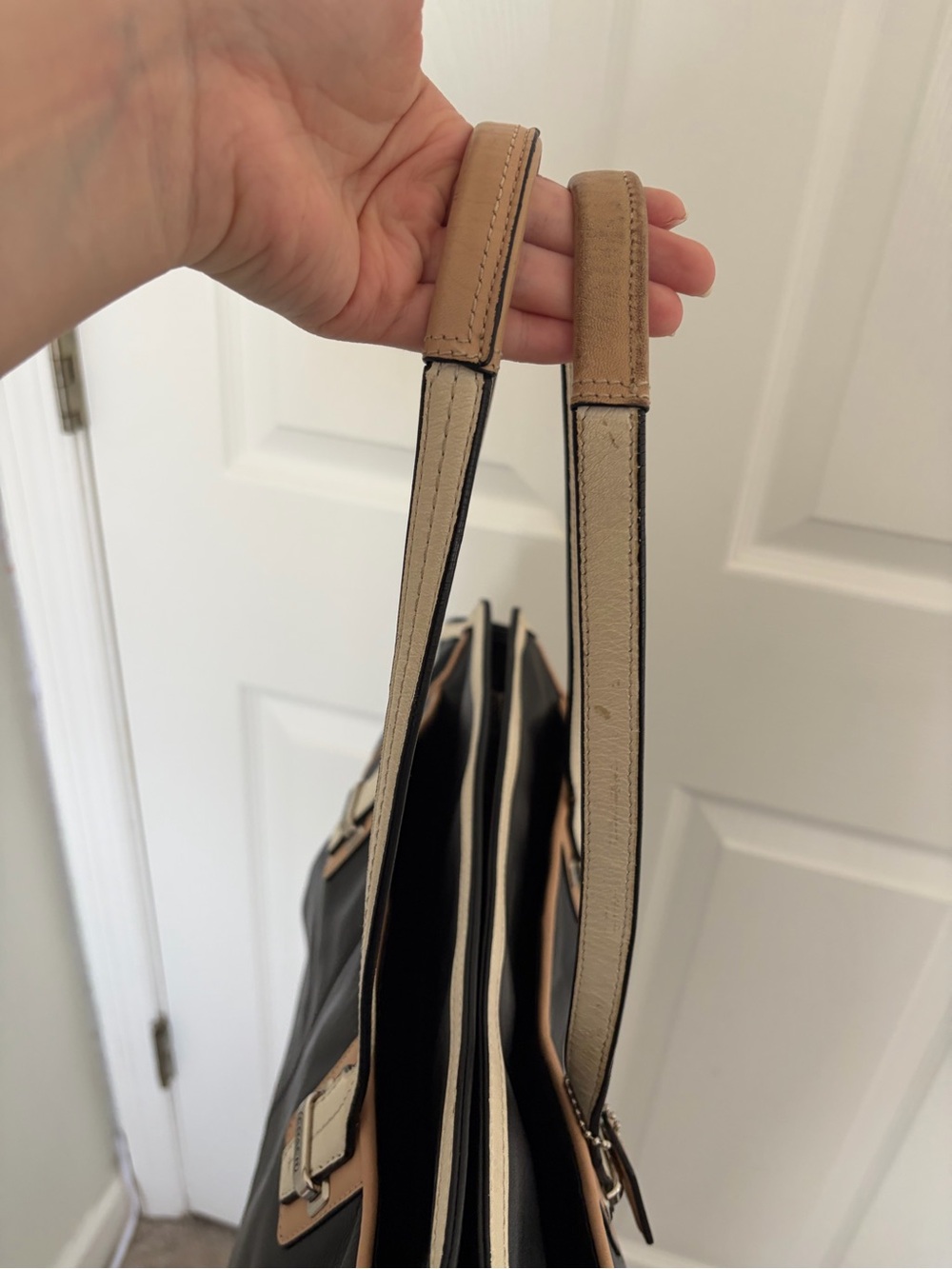 Coach Black Leather Tote with Cream Handles and Tan Trim - Picture 6 of 7